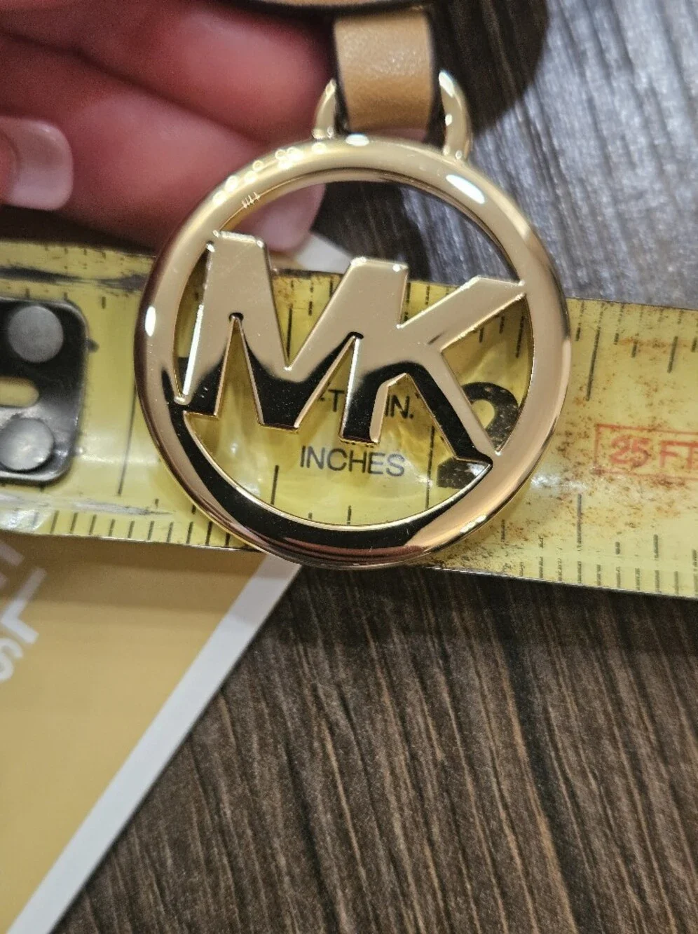 NEW Michael Kors MK Logo Leather Mirella Bag Charm Keychain Tan Gold